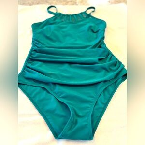 Teal High-Neck One-Piece Swimsuit with Ruched Front